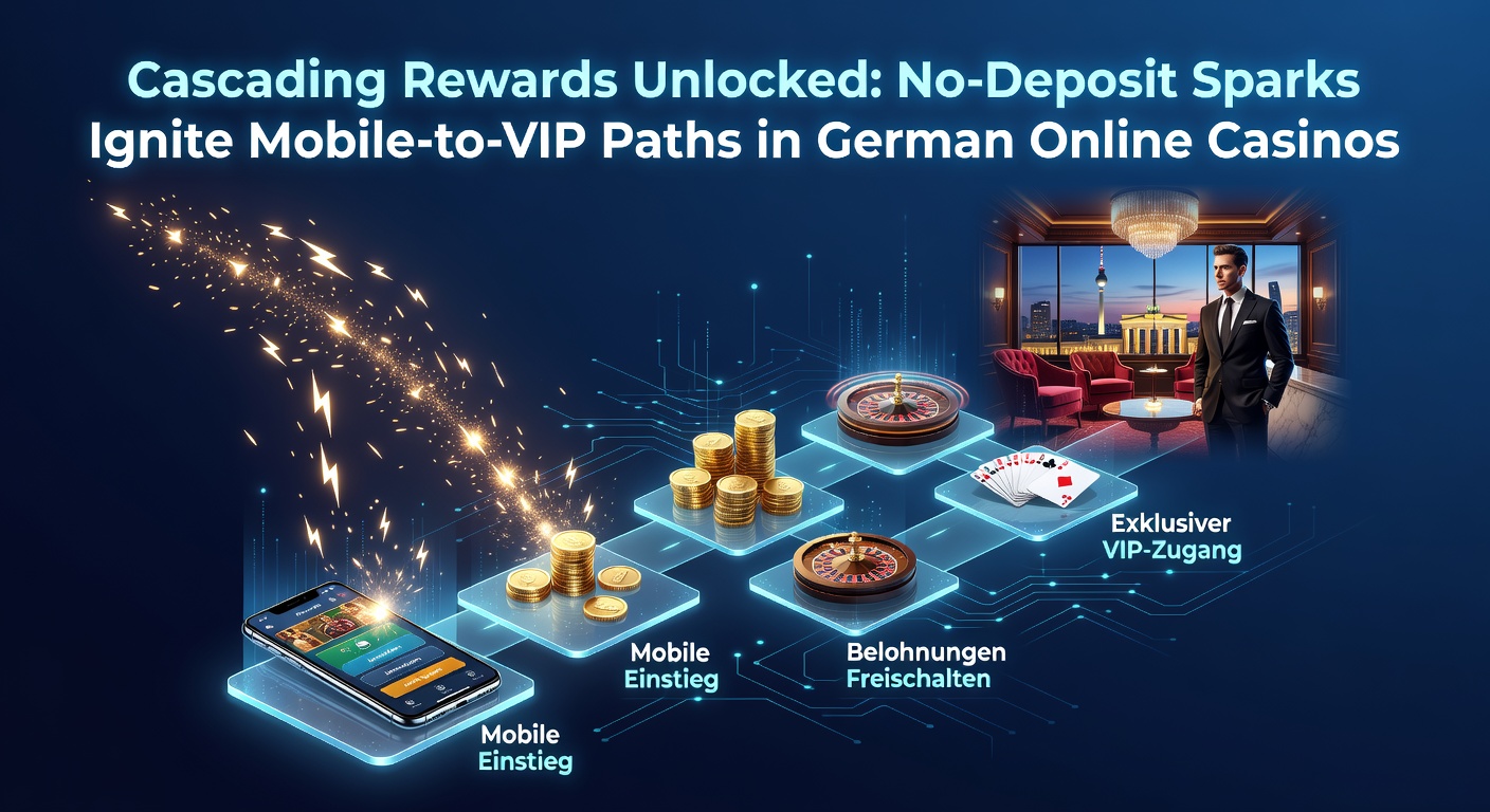 Grafik mit kaskadierenden Belohnungsstufen von No-Deposit über Mobile zu VIP-Live-Tischen, inklusive Euro-Symbolen und Smartphone-Icons