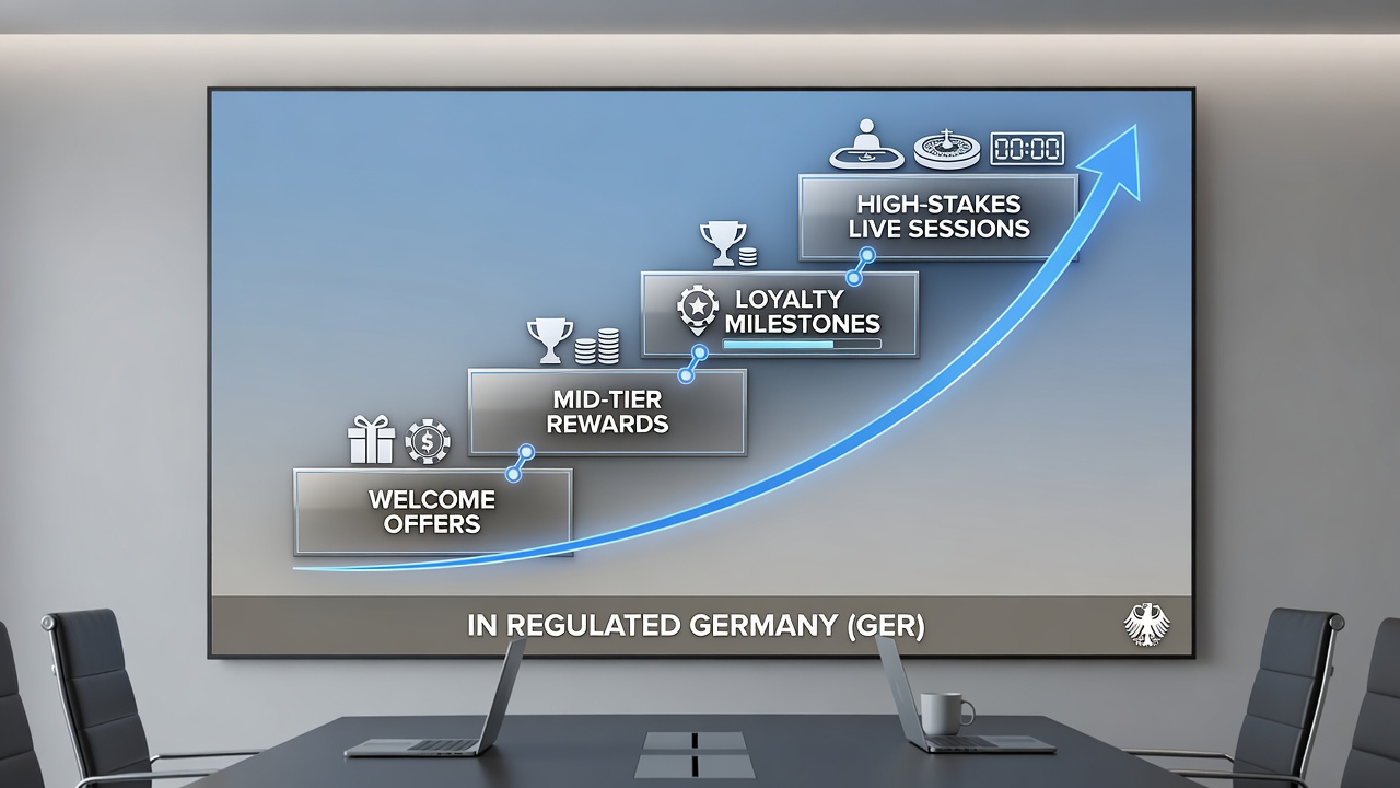 Illustration von Live-Dealer-Sessions und VIP-Stufen in regulierten deutschen Casinos