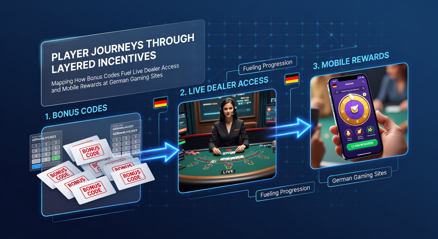Illustration einer Spielerreise durch verschiedene Bonus-Schichten hin zu Live-Dealer-Tischen und mobilen Belohnungen