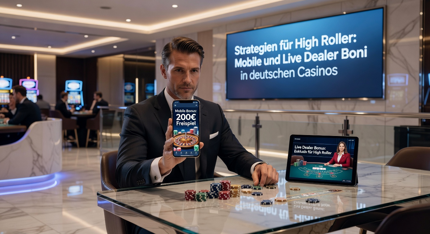 Live Dealer Tisch mit High-Roller-Chips und Mobile-App im Bild, Bonus-Symbolen