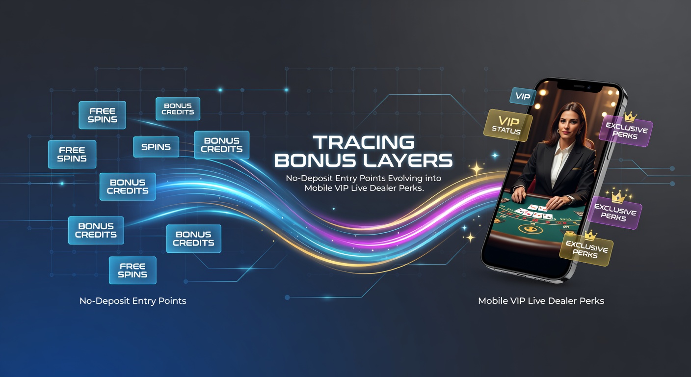 Grafik zeigt die Evolution von No-Deposit-Boni zu VIP-Mobile-Perks in Online-Casinos, mit Schichten von Einstiegsboni bis Live-Dealer-Vorteilen